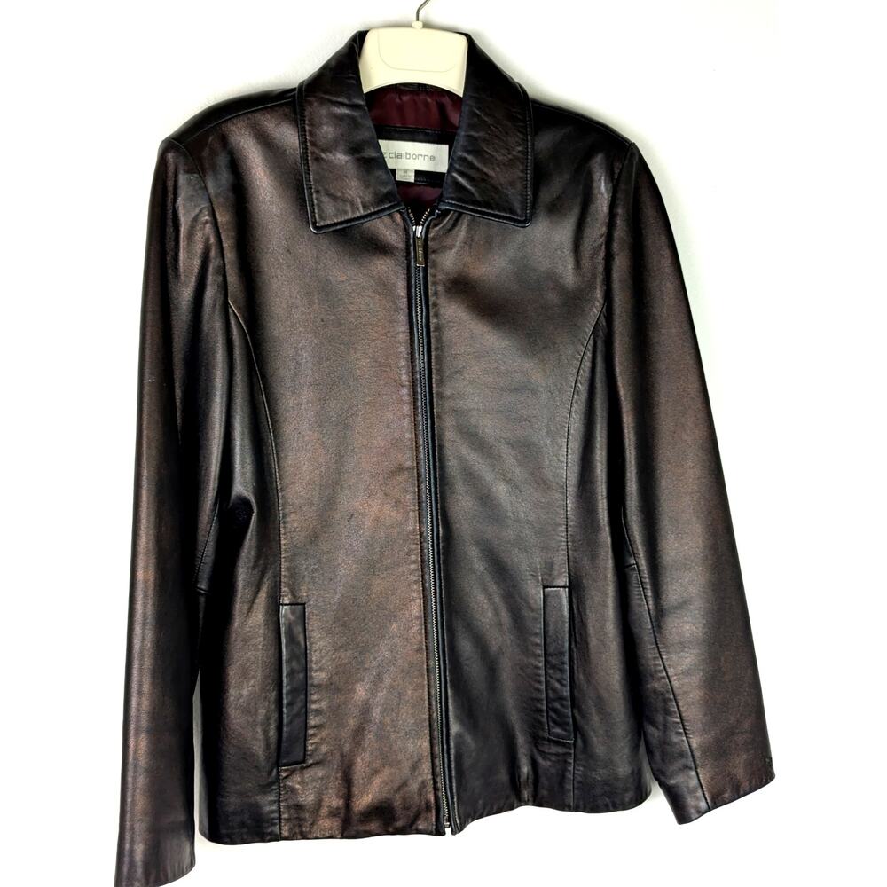 Liz Claiborne Bronze Wash Leather Jacket Size M Zip Front Collared Moto Coat